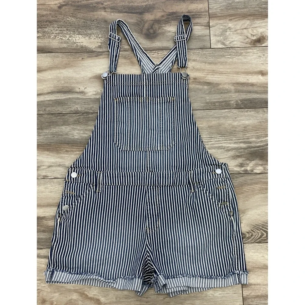No Boundaries Blue White Striped Denim Short Overalls Junior's XL (15-17)